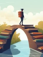 A student crossing a bridge made of books towards a graduation cap, symbolizing the educational journey leading to achievement. illustration, cartoon flat illustration, flat illustration, vector style --ar 3:2 --v 5.2 Job ID: 9f17a57b-aa03-428c-8b12-c292da9801e3